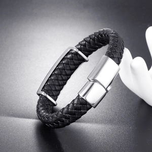 Classic black braided leather bracelet with magnetic silver clasp and polished metal plate