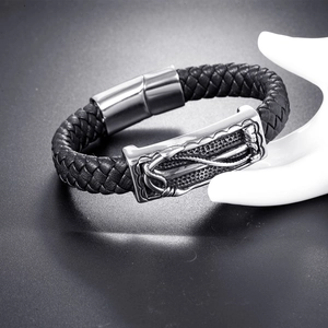 Geflochtenes Herrenarmband aus schwarzem Leder mit Anker-Verschluss aus Edelstahl im Retro-Stil