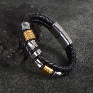Men's double-layered braided leather bracelet with gold and silver beads and magnetic clasp