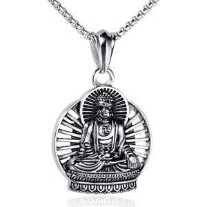Vintage stainless steel Buddha pendant necklace with radiant light background on white