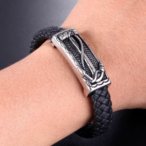 Geflochtenes Lederarmband für Herren mit silbernem Anker-Metallverschluss im Vintage-Stil