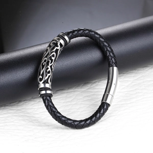 Classic black woven steel bracelet for men with engraved silver metal hardware decoration