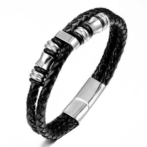 Men Vintage Double Strand Woven Leather Bracelet Stainless Steel Magnetic Clasp Bangle Urban Casual Jewelry Gift For Him