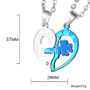 Detailed view of couple's heart puzzle necklace with measurements and weight specs
