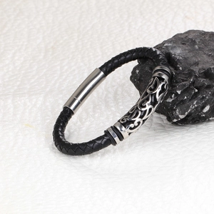 Classic woven leather men's bracelet with vintage hollow metal tube pattern