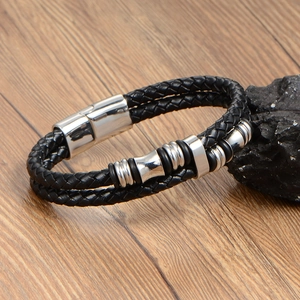 Mens double layer woven leather bracelet with polished stainless steel magnetic clasp