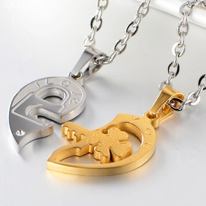 Polished puzzle heart couples necklace with I Love You engraving and clover key