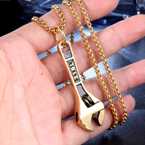Golden titanium stainless steel wrench pendant necklace with detailed box chain design