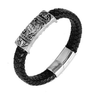 Bracelet en Cuir Tressé Vintage pour Hommes Acier Inoxydable Breloque Voilier en Relief Fermoir Magnétique Bijoux Nautiques Rétro