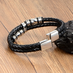 Men's double-layered woven leather bracelet with magnetic stainless steel clasp