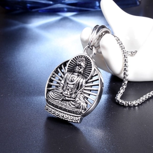 Retro stainless steel Buddha pendant necklace with embossed seated Buddha and swastika symbol