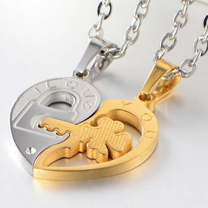 Couples heart jigsaw puzzle necklace set with key and lock charms in gold and silver