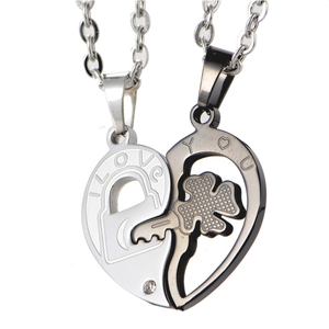 Detail of silver and black heart pendant showing heart lock, key, and zircon stone