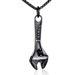 Industrial 316L stainless steel wrench pendant necklace in vintage gunmetal finish