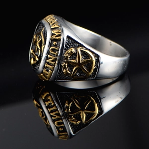Men's titanium steel anchor ring with gold star relief and marine engraving on black base