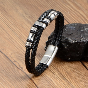 Men's double-layered braided leather bracelet with silver magnetic steel clasp