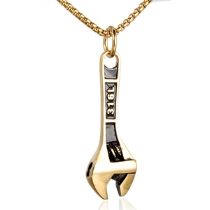 Industrial style gold stainless steel wrench pendant necklace for men with box chain