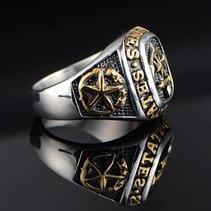 Vintage steel anchor ring for men featuring two-tone metal finish and star relief details