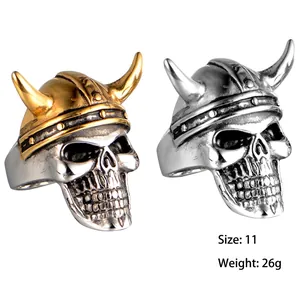 Vintage Viking skull ring with horned helmet in gold and silver steel, size 11, 26g weight