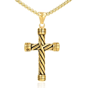 Gothic punk gold cross necklace with spiral texture and metallic link chain