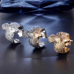 Three retro eagle feather rings in gold and silver steel for adjustable gothic biker style
