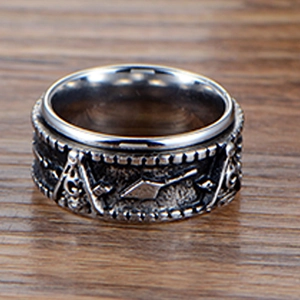 Vintage rotating Masonic stainless steel ring for men with distressed silver finish details