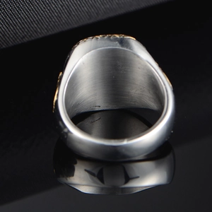 Industrial vintage titanium steel men's anchor ring with gold relief and inner reflection