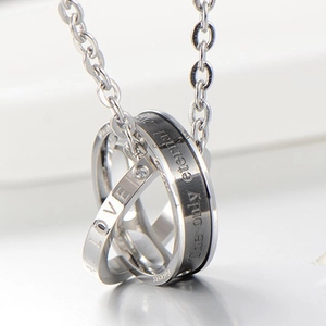 Intertwined double ring necklace with LOVE engraving and black eternal love band