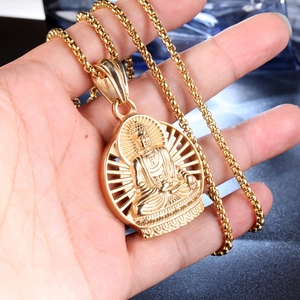Religious golden Buddha pendant necklace with a round box chain for a classic look