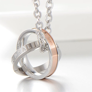 Interlocking three-ring necklace with engraved Eternal Love message and silver O-chain