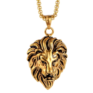 Collar con colgante de cabeza de león hip hop en acero inoxidable dorado para hombre