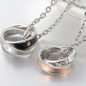 Interlocked triple ring couple necklace set with LOVE engraving in silver, black and rose gold
