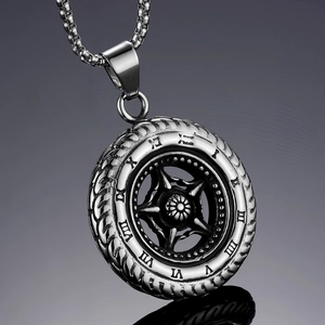 Retro punk tire pendant necklace for men featuring roman numeral steel wheel charm