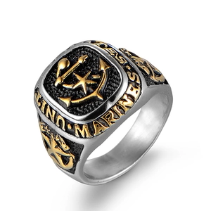 Vintage 316L Stainless Steel Men Signet Ring Anchor Star Military Style Two Tone Gold Silver Marines Ring For Men Jewelry
