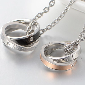 Couples interlocking triple ring pendant necklace with crystals and eternal love engraving