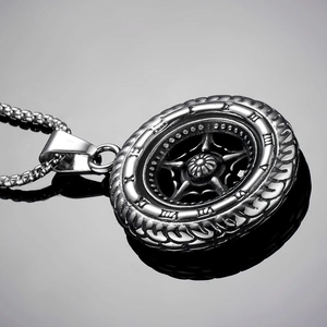 Punk style silver stainless steel tire pendant necklace with Roman numeral hub
