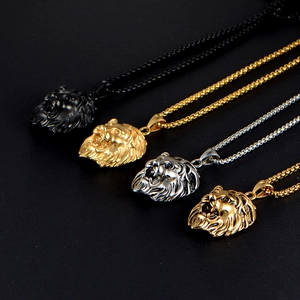 Collares con colgante de cabeza de león de acero de titanio para hombre, oro, plata y negro