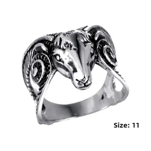 Detail view of gothic ram head ring in retro stainless steel finish, size 11