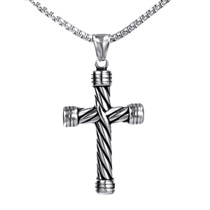 Vintage silver punk cross pendant with rope texture and stainless steel box chain