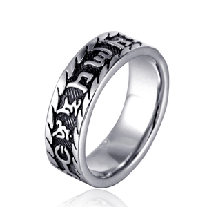 Vintage Men Titanium Steel Ring Engraved Six-Character Mantra Sanskrit Buddhist Gothic Punk Band Ring Ethnic Jewelry