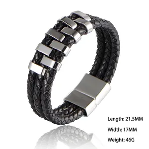 Bracelet multicouche en cuir tressé pour hommes avec fermoir magnétique en métal
