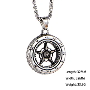 Retro punk Roman numeral tire wheel pendant necklace for men in vintage silver finish