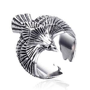 Retro eagle wing titanium steel open ring with detailed feather texture in vintage silver