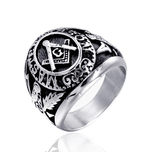 Bague maçonnique vintage en acier inoxydable avec logo compas G et texte gravé