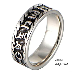 Gothic style mantra engraved stainless steel ring for men in silver finish, size 13