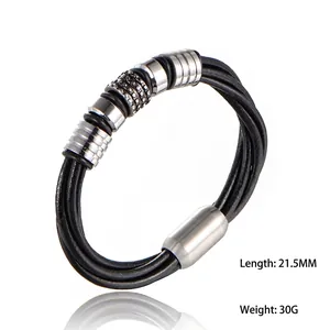Men's braided black leather bracelet with silver magnetic clasp and crystal rings