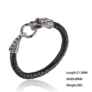 Mens woven black leather bracelet with silver steel dragon heads and center ring