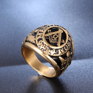 Bague chevalière maçonnique vintage en acier inoxydable doré avec équerre et compas