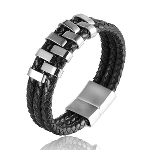 Bracelet en Cuir Tissé Homme Punk Rock Acier Inoxydable au Titane Multicouche Fermoir Magnétique Bijoux de Mode pour Hommes Femmes