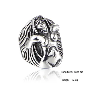 Punk vintage stainless steel ring with figure relief carving and polished mirror reflection